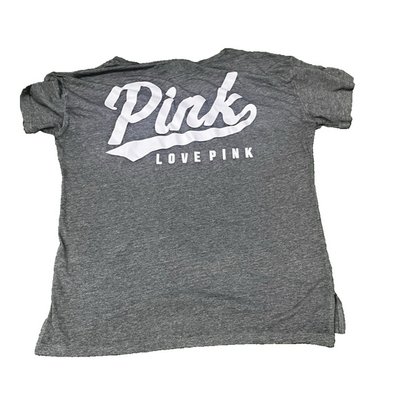 Pink By Victoria's Secret Love Pink Logo V Neck T shirt Gray Medium - Picture 1 of 5
